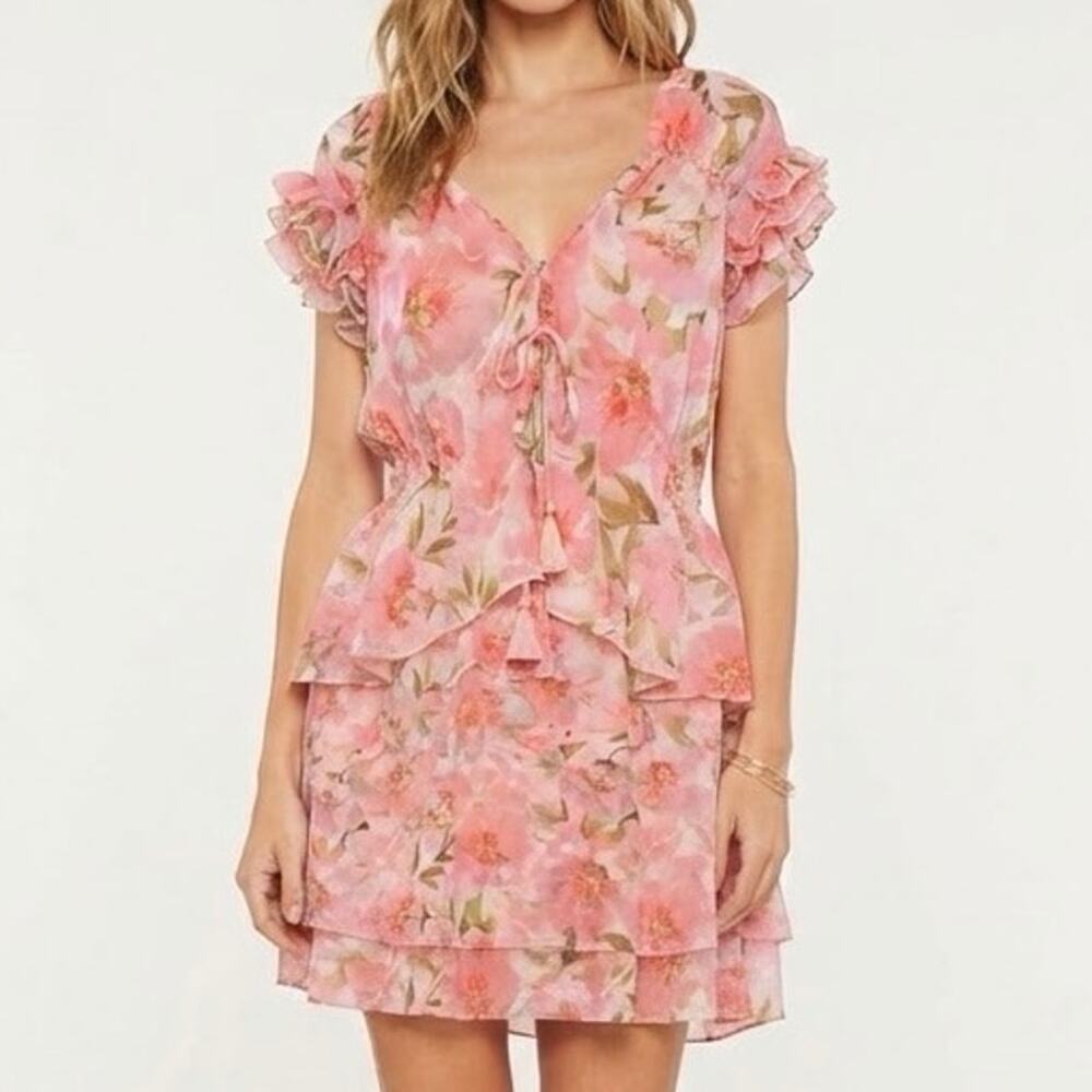 MISA Los Angeles Pink Floral Chiffon Tiered Ruffle Ximena Mini Dress Sizs S